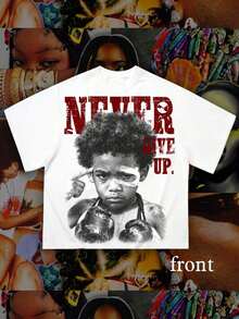 Vintage T Shirts Men, Never Give Up Little Boxer Head Retro Print, 100% Cotton Crew Neck Short Sleeve, Y2K Hip Hop Street Style, Big And Tall,   For Men - 白色 - 查看 1