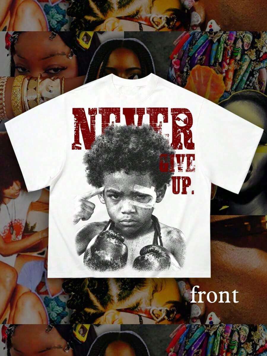 Vintage T Shirts Men, Never Give Up Little Boxer Head Retro Print, 100% Cotton Crew Neck Short Sleeve, Y2K Hip Hop Street Style, Big And Tall,   For Men - 白色 - 查看 1