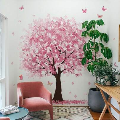1 miếng dán tường hình thỏ hồng hoạt hình, cây và bướm, decal dán tường tự dính mờ có thể tháo rời, thích hợp trang trí phòng khách, phòng ngủ, nhà cửa, trang trí mùa xuân, quà tặng.