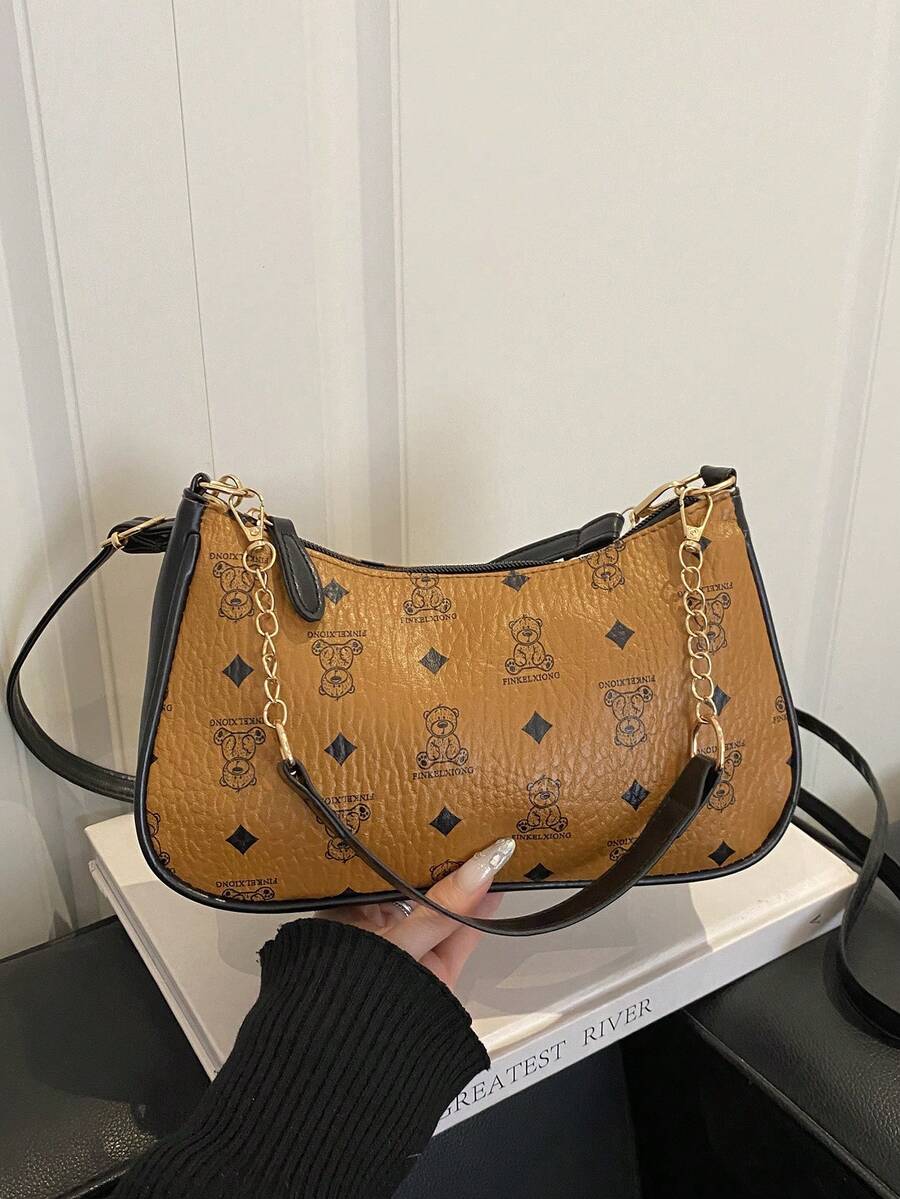 Fashionable Brown Cute Cartoon Bear Pattern Handbag With Detachable Shoulder Strap - Coklat - View 1
