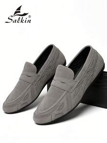Salkin 经典男士莫卡辛鞋，奢华麂皮乐福鞋，柔软皮革商务正装鞋，适合日常办公、派对、婚礼、浪漫晚餐、学生返校休闲穿着，尺码偏大 - 灰色 - 查看 9
