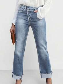 女士休闲直筒修身舒适牛仔裤，饰有猫须细节，采用中等弹力轻盈牛仔面料，纽扣拉链设计，长款，适合日常穿着，春季款 - 中等水洗藍 - 查看 2