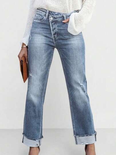 Women's Casual Straight Leg Fitted Jeans With Cat Whisker Details, Medium Stretch Denim Fabric, Button Zipper Design, Long Length Fall