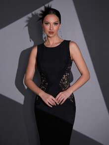 EVERPRETTY 优雅圆领无袖收腰黑色与肤色撞色长款正式礼服，高弹力新娘母亲礼服，适合婚礼、半正式场合、春季派对等场合。 - 黑色 - 查看 9