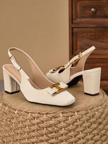WHDXY Giày sandal hở gót mũi vuông màu mơ nhạt, khóa kim loại, gót dày 7cm, kiểu dáng thanh lịch, phù hợp cho đi làm, công sở, hẹn hò, mặc hàng ngày và các dịp giao lưu nhẹ nhàng. - Màu be - Xem 4
