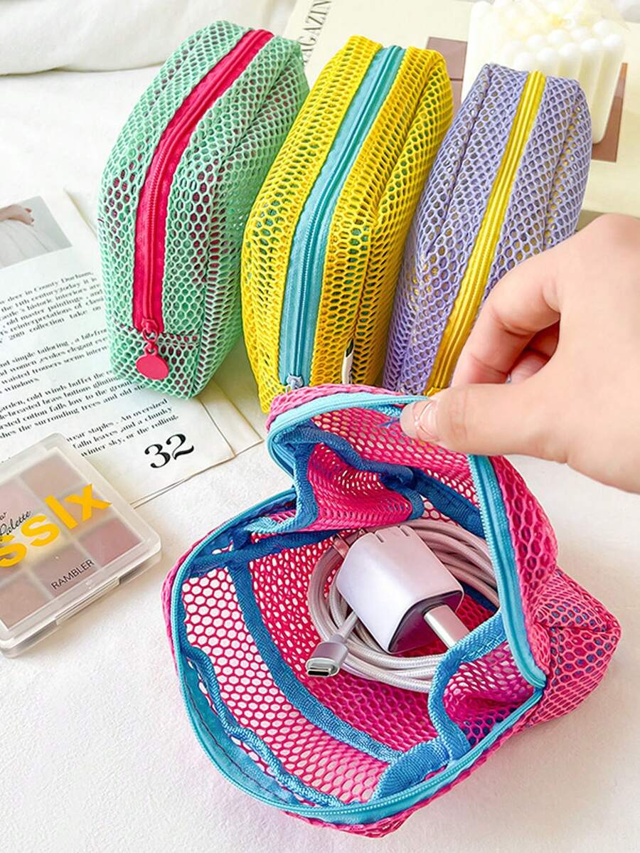1个可爱多彩蜂窝网格迷你收纳袋，带可拆卸腕带，便携式化妆品整理包，适合旅行和日常使用 - 彩色 - 查看 1