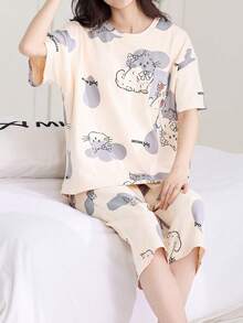 AICJ 2 chiếc áo phông hồng in hình mèo dễ thương và chữ cho nữ, quần dài 3/4/quần đùi/quần dài mặc ở nhà, bộ đồ ngủ dự tiệc mùa xuân hè cho kỳ nghỉ - Nhiều màu - Xem 5