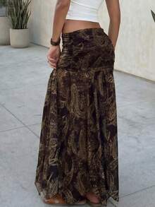 Chân váy maxi dài dáng boho in họa tiết Paisley màu nâu, cạp cao, xếp ly, thích hợp cho kỳ nghỉ, lễ hội hoặc mặc hàng ngày. - màu nâu - Xem 4
