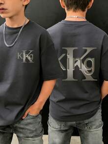 Tween Boys' Graphic Print Short Sleeve T-Shirt, Student Youth Casual Summer Top - Dark Grey - View 1