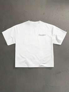 Camiseta de manga corta holgada y corta con estampado casual de fuente manuscrita floral para hombre, esencial para citas y reuniones, regalo de pareja de moda para el novio - Blanco - Ver 3