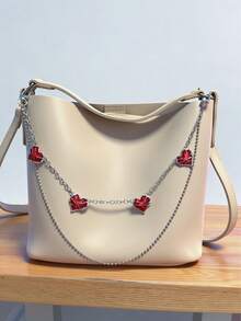 1pc Y2K Double-Layer Silver Pant Chain With Red Heart Pendant, Cute Streetwear Style Chain, Y2K Pant Chain, Double-Layer Metal Waist Chain, Red Heart Pendant, Enamel Heart Charm, Sweet Punk Style, Wallet Chain, Ball Chain, Thick Chain Link, Women Fashion Accessory, Girly Jewelry, Bag Charm, Music Festival Outfit, High Street Fashion - Multicolor - View 5