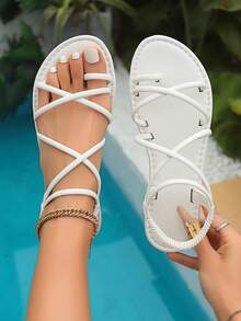 New Fashion Flat Slip-On Sandals For Girl, Summer Roman Style Open Toe Woven Strap Backless Flat Sandals, Comfortable Summer Shoes, Suitable For Daily Wear, Fashionable Open Toe Design, Good Breathability, Versatile Casual Sandals, Suitable For Matching Any Outfit, Fashionable Simple Comfortable Criss-Cross Strap Flat Sandals, Black Sandals, Beach Holiday Beige Sandals, Khaki Sandals, Green Sandals, Black Sandals, Wear-Resistant Non-Slip Lightweight Comfortable - White - View 1