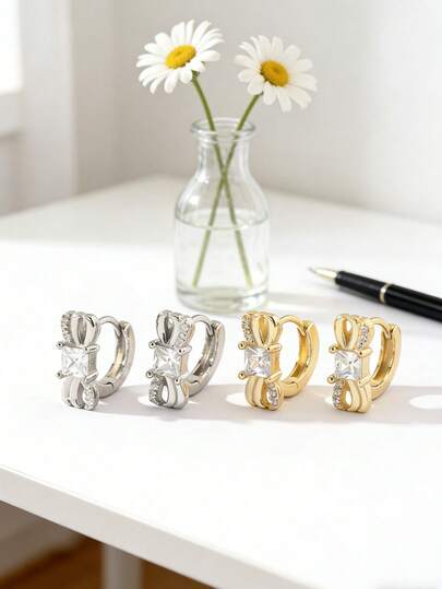 1 Pair S925 Sterling Silver Minimalist Geometric Zirconia Earrings, Suitable For Commuting, Dating, Daily Wear, Versatile And Elegant Design For Women