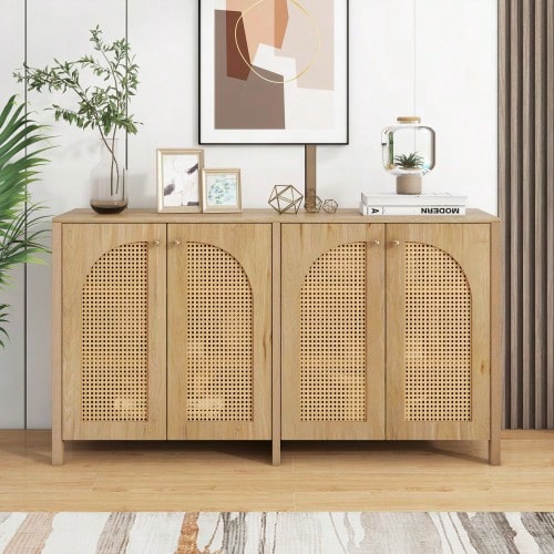 Modern Sideboard In Minimalist Style 4-Rattantür, Metallgriff Einfaches Buffetschrank Für Esszimmer, Wohnzimmer, Küche (Naturholz) - Natural + MDF - View 1