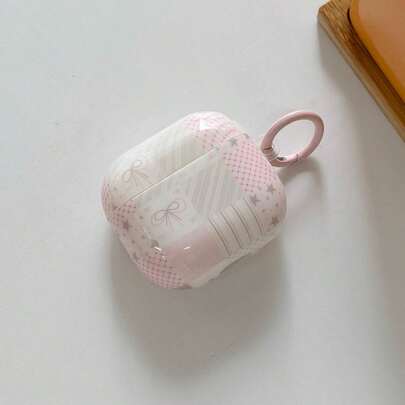 Korean Style Minimalist Pink Patchwork Bow & Star Hanging Ring Earphone Case Suitable Compatible With AirPods Pro 2, Cute Apple 4 Minimalist 3 New 1/2 Generation Earphone Case For Girls