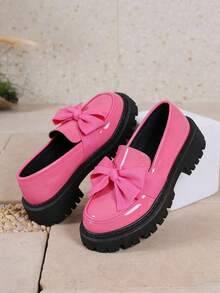 女士蝴蝶结乐福鞋，皮革圆头套脚厚底正装鞋 - 粉色 - 查看 1
