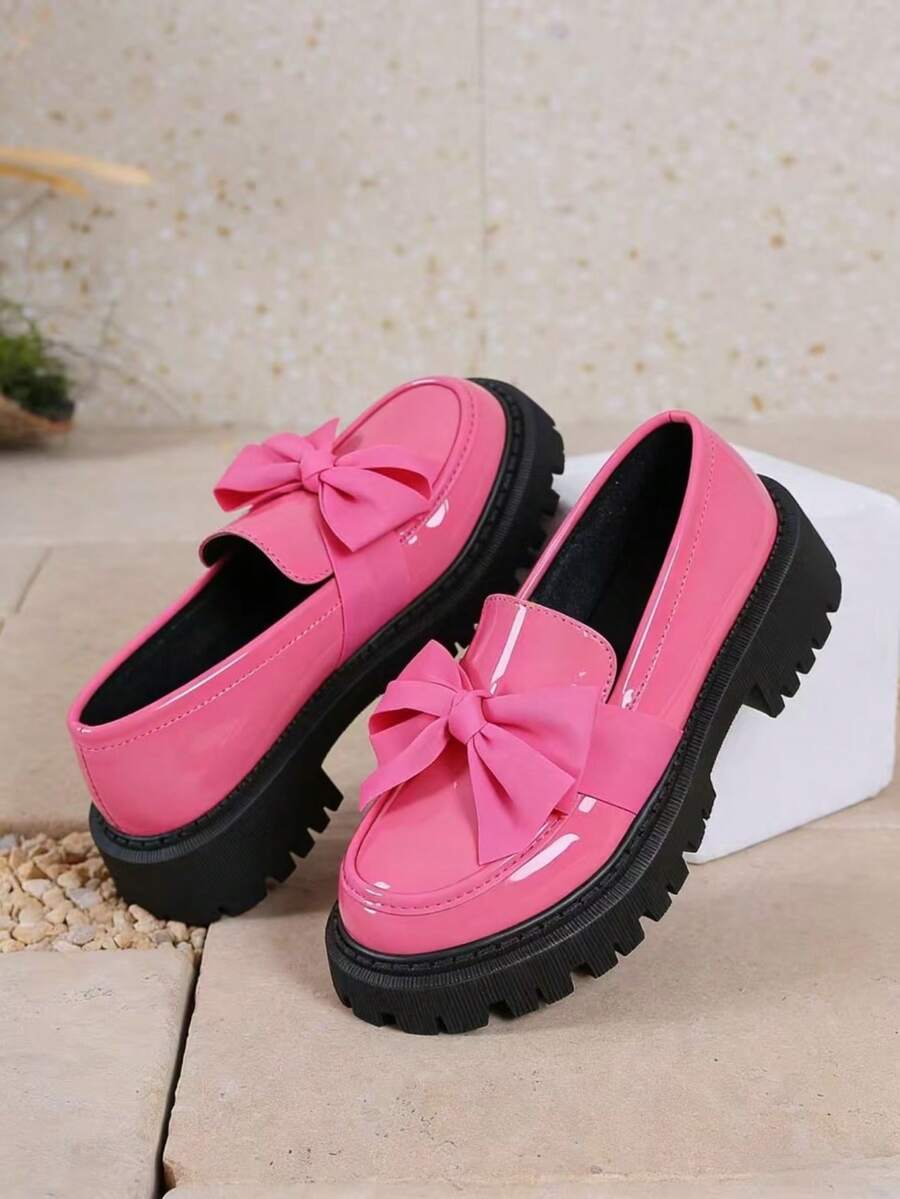 女士蝴蝶结乐福鞋，皮革圆头套脚厚底正装鞋 - 粉色 - 查看 1