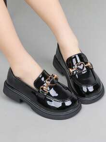 1 Pair Girls' Patent Leather Shoes, 2026 New Bowknot Thick Sole Loafers, Versatile Daily Casual School Princess Shoes - Black - View 1