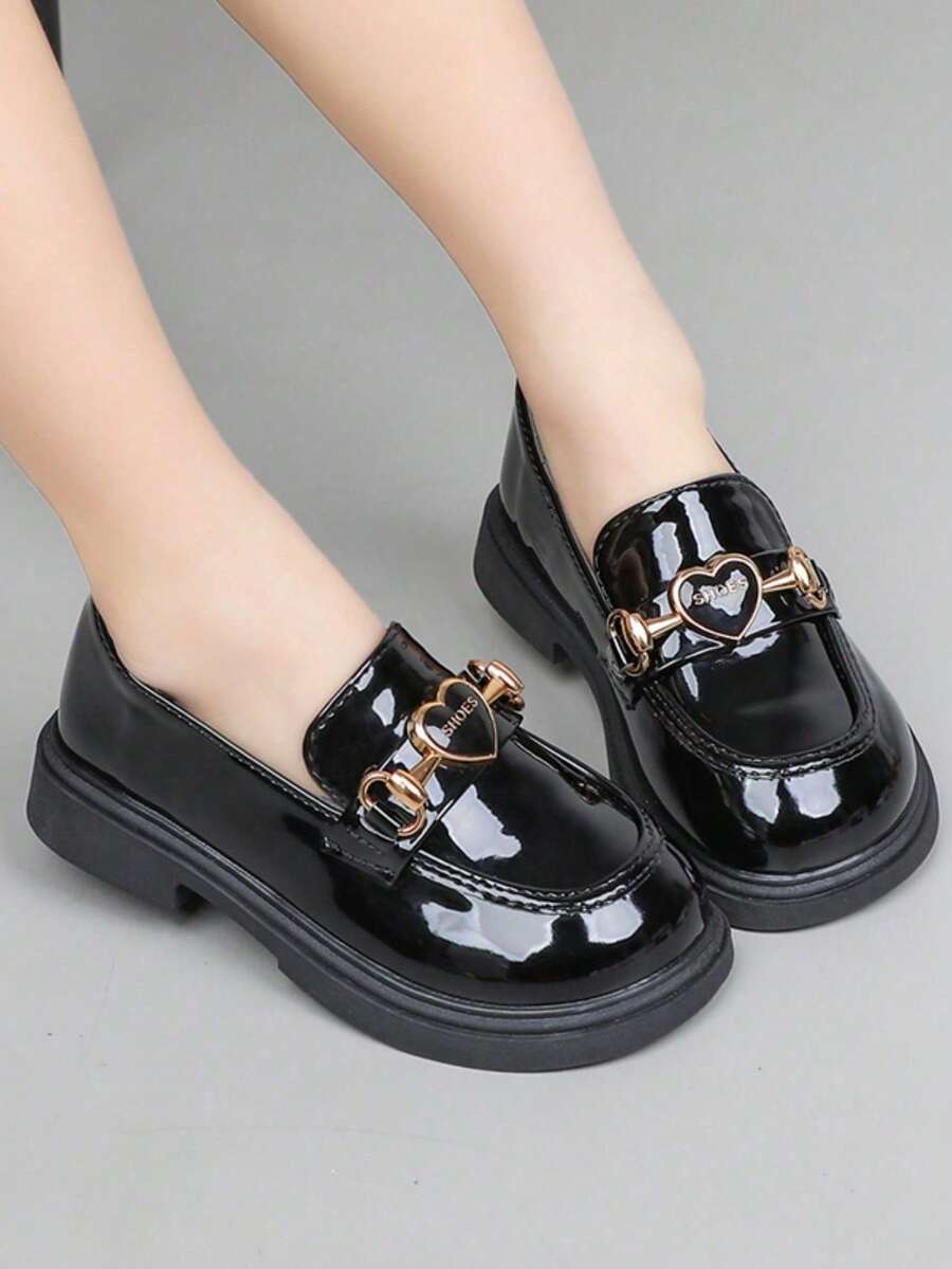 1 Pair Girls' Patent Leather Shoes, 2026 New Bowknot Thick Sole Loafers, Versatile Daily Casual School Princess Shoes - Black - View 1