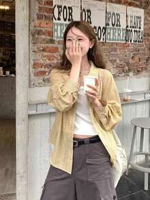 Chemise à carreaux jaune ample avec épaules tombantes vintage, blouse à carreaux ample et polyvalente pour femmes, pour les vacances de printemps/automne - Jaune citron - Voir 6