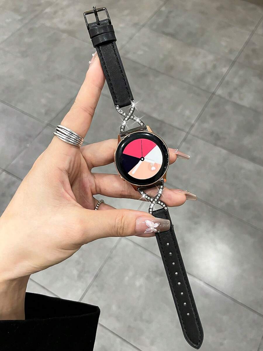 20mm Leather Quick Release Watch Band, X-Shaped Rhinestone Strap, Compatible With Samsung, , Watches, Suitable For Men And Women - Black - View 1