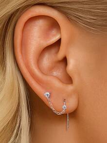 1Pc Dainty Delicate 925 Sterling Silver Chain Tassel Moissanite Piercing Earrings Set, 3-Prong Clover Design Flat Back Cartilage Studs, Hypoallergenic Jewelry Gift For Women Girls Daily Wear Party Wedding Season - Silver - View 2