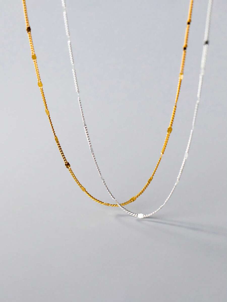 S925纯银镀金/镀银素链，闪亮亮片裸链，女士DIY叠戴项链，精美礼盒 - 彩色 - 查看 1