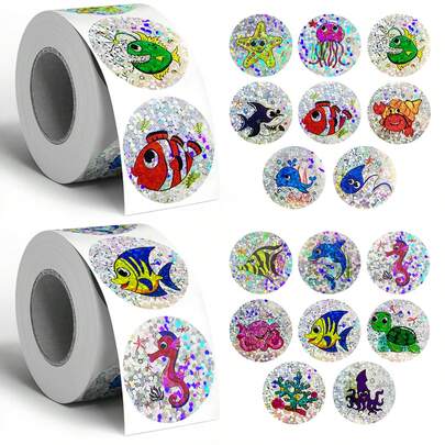 500张全息海洋动物涂鸦贴纸，1英寸圆形，2种款式，可用于信封、杂志、手机壳、水瓶、电脑头盔、剪贴簿DIY装饰、派对礼品包装，PVC防水贴纸