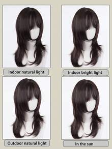 Peluca recta de longitud media de color marrón-negro con flequillo, con capas naturales, adecuada para uso diario y fiestas - Multicolor - Ver 6