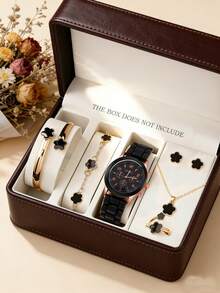 7件套奢华轻盈黑色花瓣女士腕表套装，包括一款多功能黑色表盘石英表、四叶草手链、手镯、项链、戒指和女士耳钉。玫瑰金表壳搭配黑色硅胶表带，尽显优雅品味。 - 黑色 - 查看 9