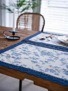 1pc/4pcs/6pcs Blue Floral Print Lace Edged Placemats, French Romantic Minimalist Style Kitchen Decor, Dining Table Mats, Cup Coasters, Vase Mats, Holiday Party Birthday Tabletop Decor, Photography Backdrop, All Season - Multicolor - View 8