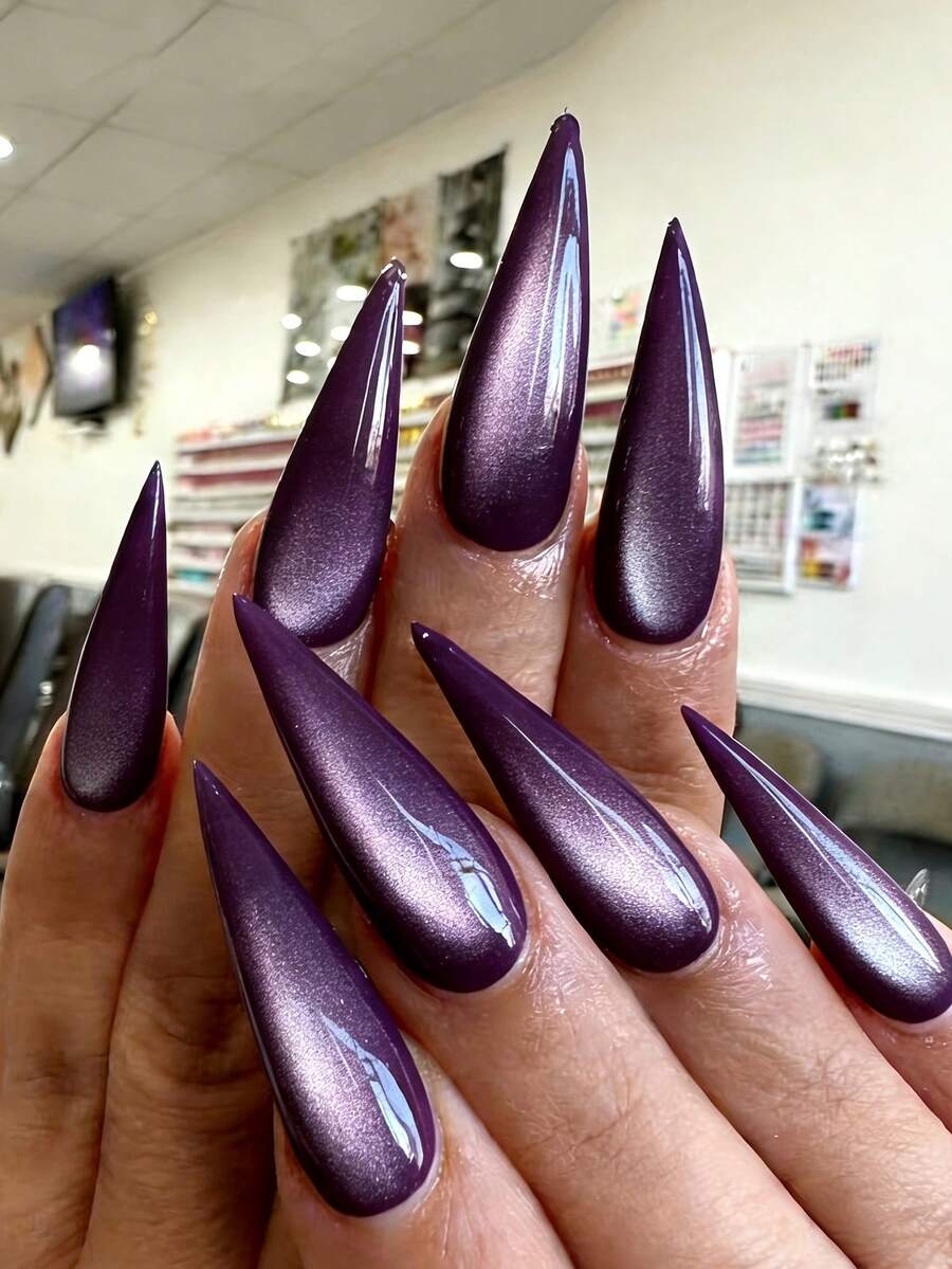 24 miếng dán móng tay hình mắt mèo màu tím lấp lánh, miếng dán móng tay hình mắt mèo màu trơn tối giản + 1 gel dán móng + 1 dụng cụ mài móng - Màu tím - Xem 1