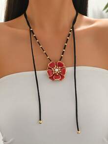 1 chiếc vòng cổ choker hoa men đỏ sang trọng dành cho nữ, kiểu dáng Châu Âu và Mỹ, dây nhung đính ngọc trai vàng, mặt dây chuyền độc đáo. - Vàng - Xem 5