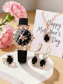 1/5 piezas Reloj de cuarzo elegante y lujoso con decoración de diamantes brillantes, fondo estrellado. Viene con un juego de joyas de diamantes que incluye collar, aretes y anillo. Adecuado para fiestas, reuniones, salidas y llevar la hora. También es un regalo ideal para el Día de la Madre, el regreso a la escuela, la temporada de bodas o la Pascua para mamás y amigas. - Multicolor - Ver 9