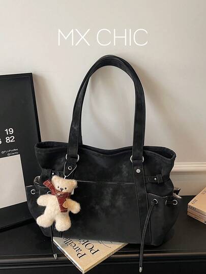 1个女士纯色PU手提包，大容量，时尚手提包，带卡通挂饰，适合通勤、购物、送礼、办公使用