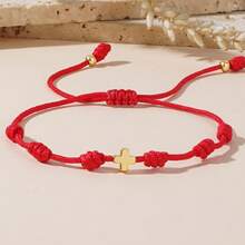 1pc Bohemian Style Women's Fashion Bracelet, 4mm Vacuum Plated Copper Beads, Cross & Peru Knot Adjustable Red Rope Bracelet, Suitable For Daily Wear And Lucky Gift - Red - View 7