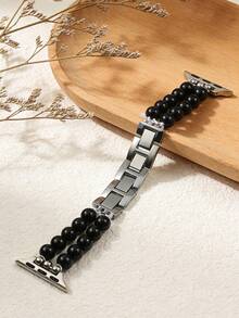 1pc Black Fashion Jewelry-Style Watch Band, Compatible With Apple Watch Series 11/10/Ultra/9/8/7/6/5/4/3/2/1/SE, Handmade Double-Row Beaded Stainless Steel Jewelry Clasp, Personalized Creative Design, Compatible With Apple Smartwatch Strap - Black - View 4