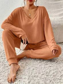 Women's Lightweight 2 Piece Lounge Set Spring Fall Thin Ribbed Knit V Neck Long Sleeve Pullover Top And Drawstring Joggers Casual Sweatsuit Matching Outfit - 橘色 - 查看 1