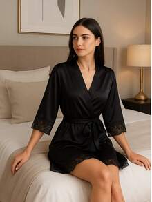 Women's Short Satin Robe With Lace – Elegance And Comfort - màu đen - Xem 7