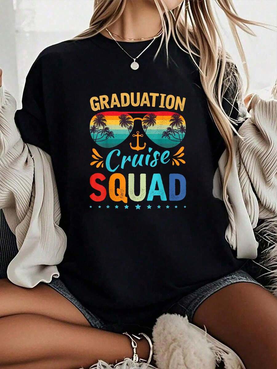 Camiseta Unisex 100% Algodón con Estampado Divertido "Graduation Cruise Squad 2026", Camiseta de Manga Corta con Cuello Redondo 100% Algodón - Negro - Ver 1