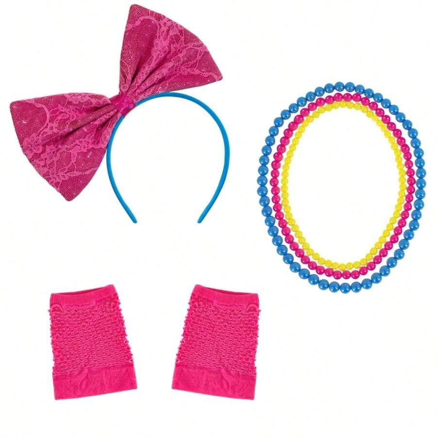 4pcs Retro Bow Headband, Necklace, Wristband Set, Disco Neon Party Carnival 80s Costume