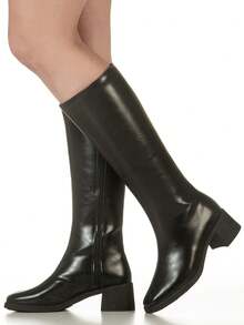 Women's High-Top Boot With Smooth Square Toe And Medium Block Heel - Classic, Comfortable, And Elegant - GiGiL - màu đen - Xem 1