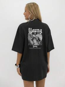Oversized T-Shirt With High Neck And Print, Young Streetwear, Unisex Cotton - 黑色 - 查看 4