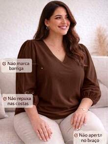 Women's Blouse With 3/4 Sleeves, Crepe Fabric, Duna Style, Elegant, Workwear, Plus Size (GG, G1, G2, G3), Evangelical Fashion - Brown - 鏽棕色 - 查看 6