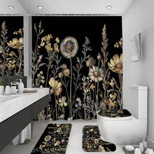 1/4pcs Bohemian Vintage Floral Black Gold Shower Curtain Set, Made Of Polyester Fabric, Waterproof, With Hooks, Machine Washable, Farmhouse Style Bathroom Curtain & Rug, Waterproof Polyester Shower Curtain, Non-Slip Bath Mat, U-Shaped Toilet Rug With 12 Hooks - Modern Style, Suitable For Home Decor, Bathroom Decor And Accessories, Easy To Clean And Maintain, Elegant Housewarming Gift - Fit For All Seasons - A - View 10