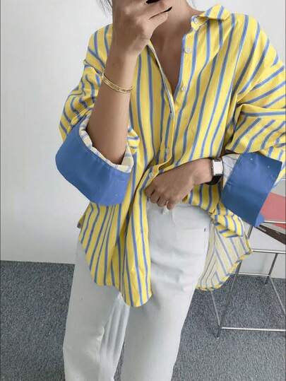 Camisa de mujer con botones y rayas oversize, ajuste holgado con puños de color contrastante, casual de manga larga, adecuada para uso diario y streetwear