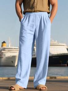 Men's Breathable Thin Linen Loose Casual Sports Pants, Suitable For Beach, Spring/Summer - Baby Blue - View 4