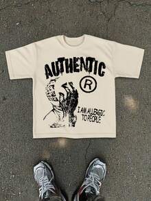 Boys & Teens' Casual Graphic Print Round Neck Short Sleeve T-Shirt, Summer Top - 杏色 - 查看 1