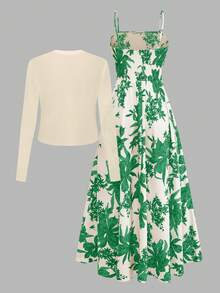 Women's Spaghetti Strap Floral Print Waist Flare Dress With Knit Cardigan Bohemian Print Set Vacation - Green - View 2