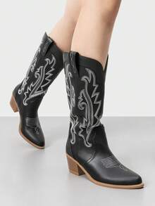 Athlefit Women's Embroidered Western Cowboy Boots Concert Boots Fashion Pointed Toe Chunky Heel Mid Calf Chic Cowgirl Boots - 黑色 - 查看 3